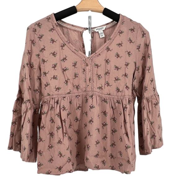 Arizona Jean Co Flowy Floral Quarter Bell Sleeve Babydoll Blouse Top Size Small - Picture 1 of 16